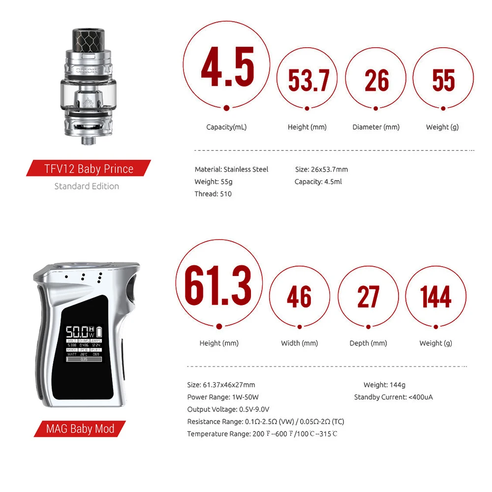 Оригинальный SMOK Mag Baby Kit 50 Вт Мощность 4 5 мл TFV12 Prince Tank M2 Q2 катушка 1600 мАч
