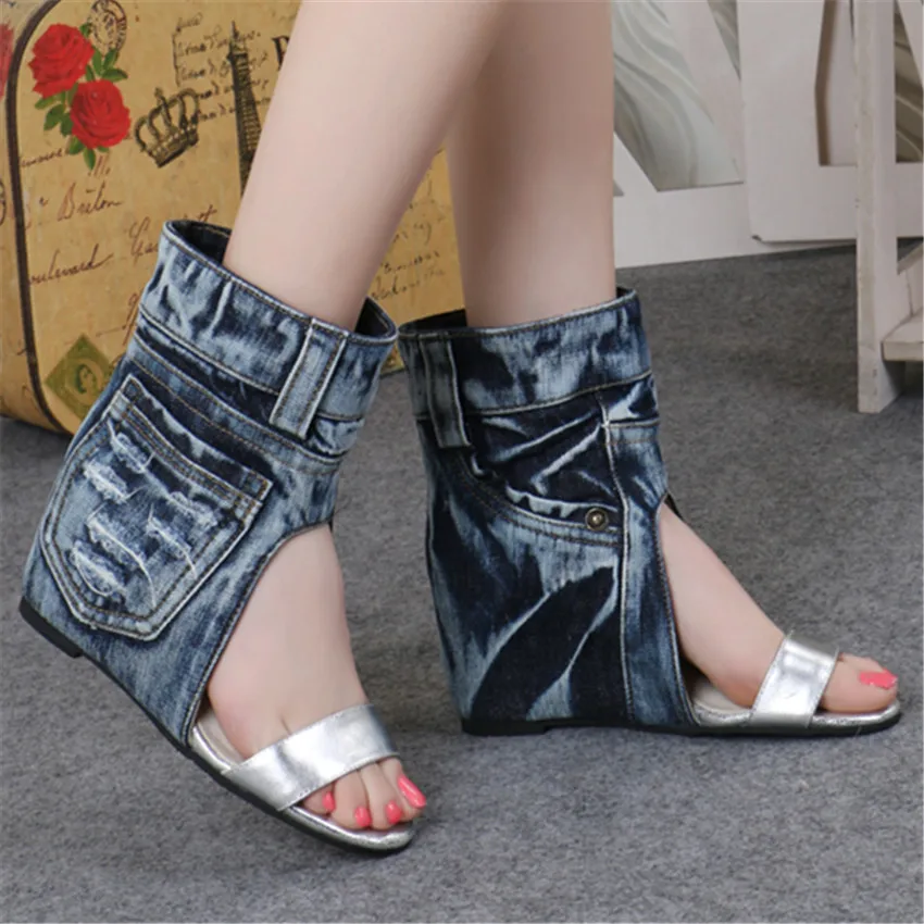 Fashion Women Summer Boots Denim Sandals Peep Toe Ankle Botas High Heels Gladiator Wedge Shoes Woman Height Increasing Wedges