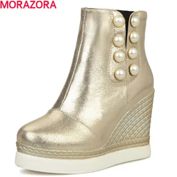 

MORAZORA 2020 Autumn fashion shoes round toe ankle boots for women fashion solid PU soft leather wedges shoes womens boots