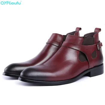 

QYFCIOUFU Black Brown Men Genuine Leather Men Dress Boots Fashion Buckle Men Ankle Boots Luxury Brand Chelsea Boots Shoes