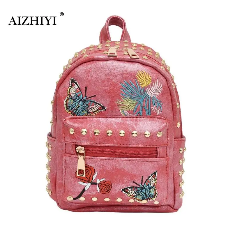 

Ladies Butterfly Print Mini Shoulder Bag PU Leather Rivet Waterproof Bicycle Backpack Casual Zipper Schoolbag Rucksack for Women