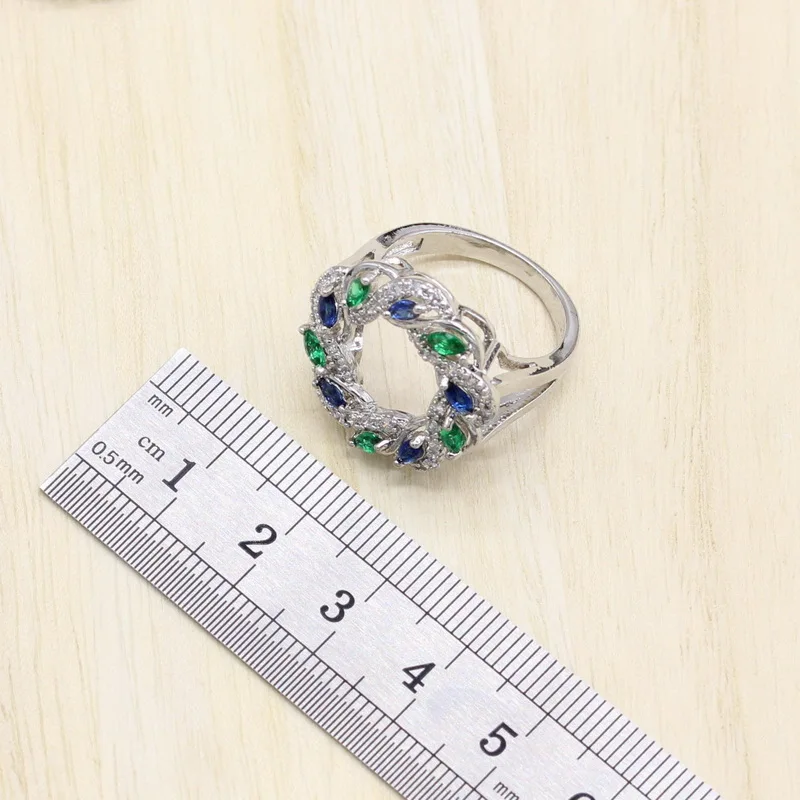 Синий и зеленый камни циркон женские серебряные 925 Ювелирные наборы серьги/кулон/ожерелье/кольца/браслеты для невесты набор коробка