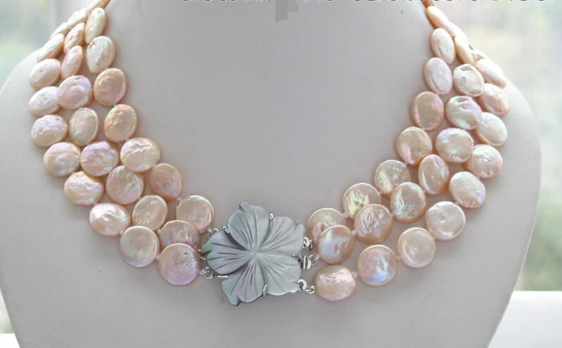

shipping z4211 3row 14mm pink coin freshwater cultured pearl necklace