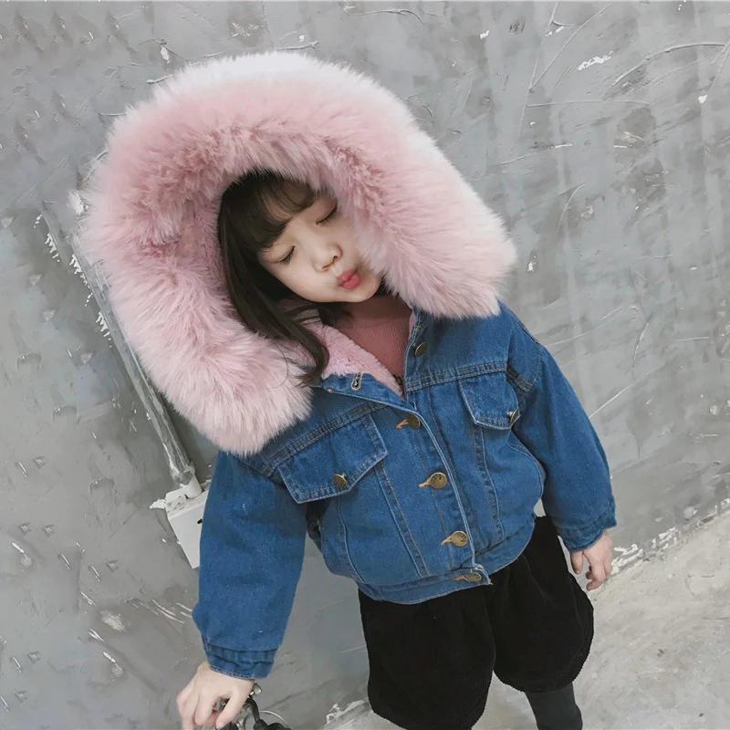 

Fashion Girls Faux Fur Coat Kids Fur Jackets Hooded Girls Denim Coat Warm Parkas Boys Winter Coat Thick Children Snowsuits