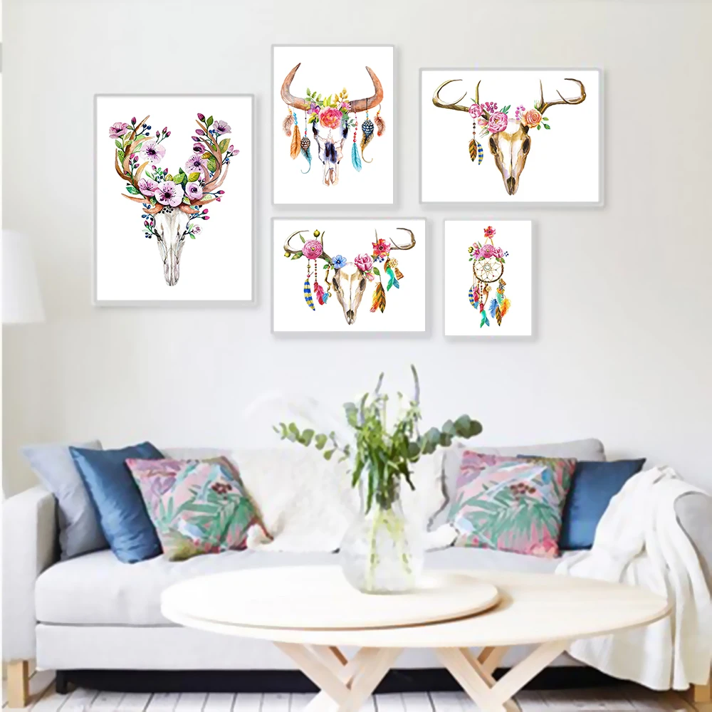 

Vintage Retro Animal Deer Head Skull Feather Dream Catcher Art Prints Posters Wall Picture Canvas Painting Living Room Decor