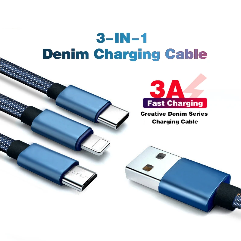 

3 In 1 Fast Charger Cable for Huawei Phones Type C USB C Charger Cable for IPhone Usb Cable Micro USB 3A Fast Charger Denim Cord
