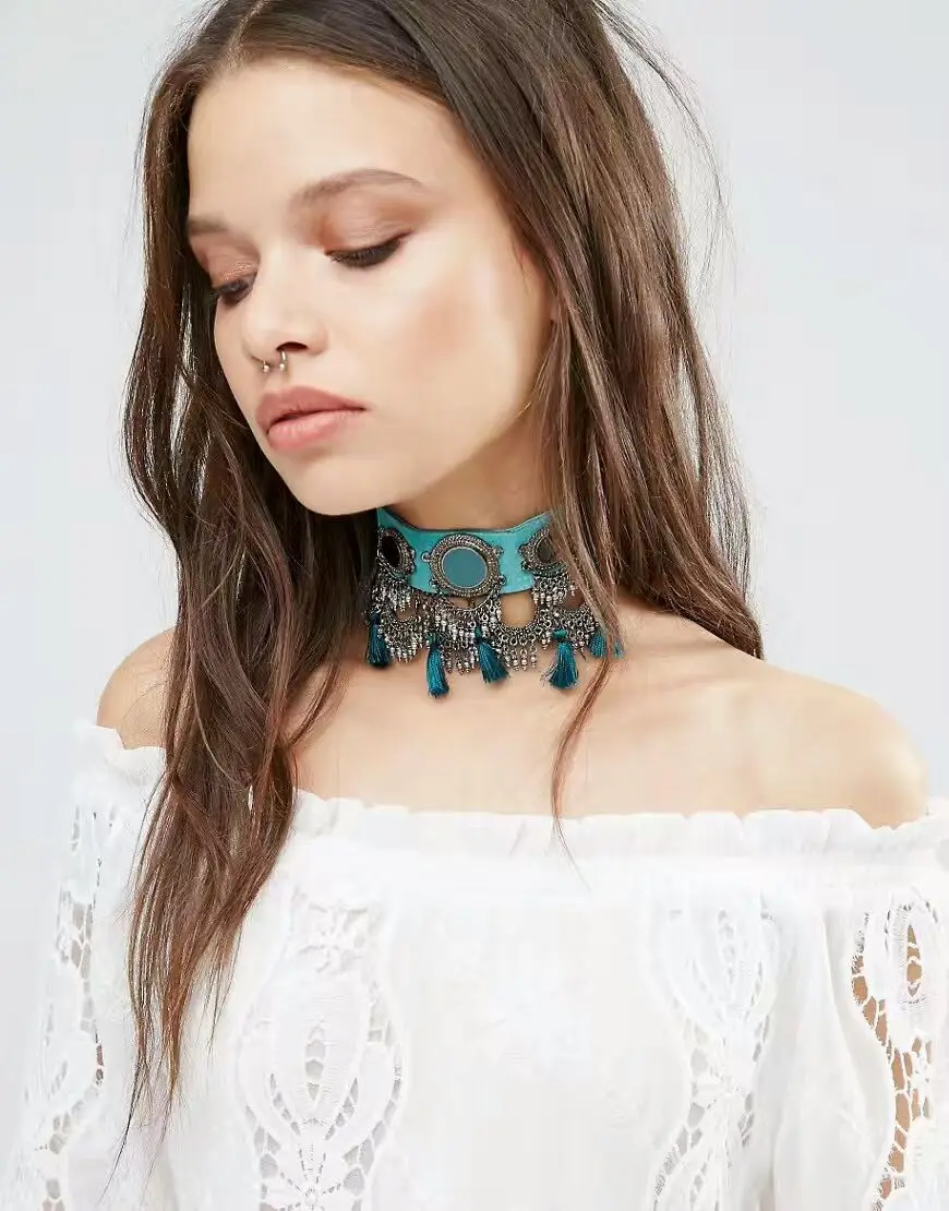 Ojshang New 2016 Choker Fashion Leather Necklace Collar Tassel Pendant