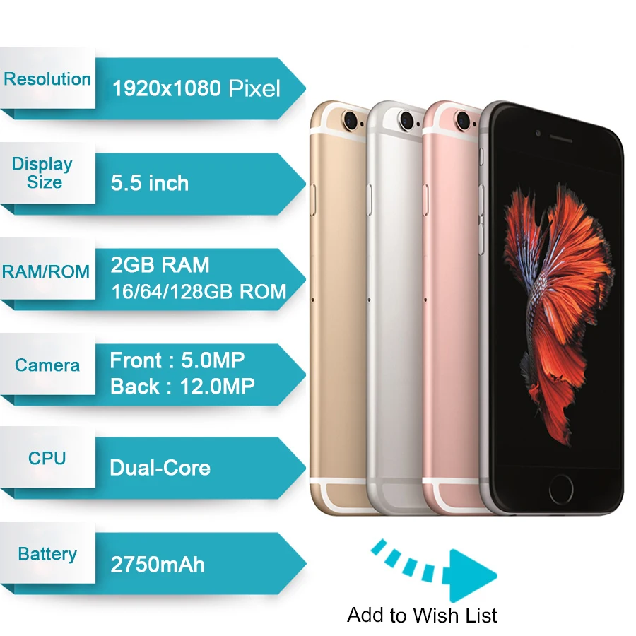 أبل فون 6 S زائد iOS ثنائي النواة 2 GB RAM 16/64/128 GB ROM 5.5\ أبل فون 6 S زائد iOS ثنائي النواة 2 GB RAM 16/64/128 GB ROM 5.5\