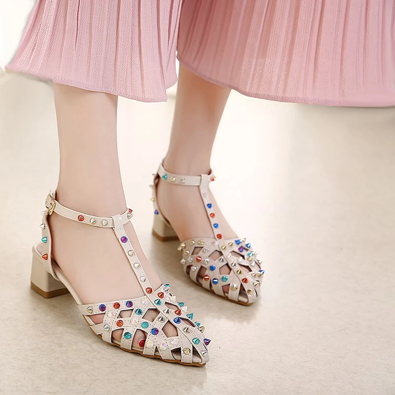 

Summer Women's Sandals Mid Heel Shoes Fashion Gladiator  Rivets High Heels Comfortable Heel Shoes Zapatos Mujer Tacon
