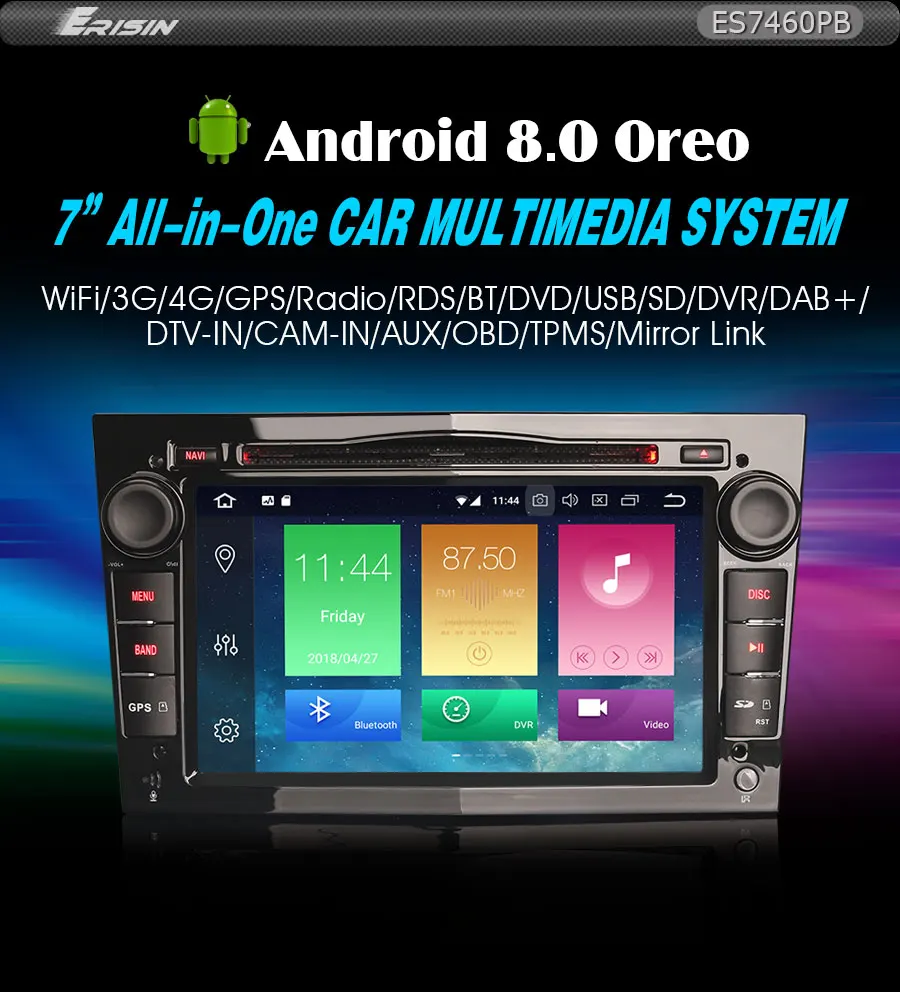 Perfect Erisin ES7460P 7" HD Android 8.0  4G RAM Car DVD DAB+ GPS Sat  OBD for Opel Vauxhall Vextra Astra Corsa 7