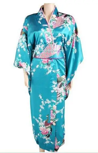 Традиционное японское женское шелковое атласное кимоно хаори винтажное Оригинальное вечернее платье юката Один размер JK005 - Цвет: Sky Blue