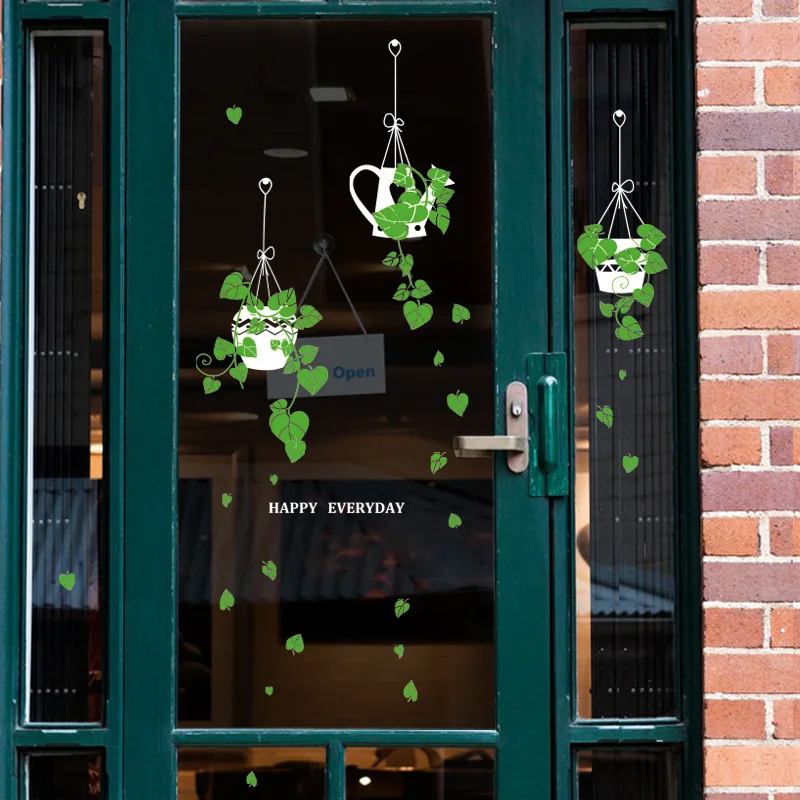 Bonsai Window Sticker Hanging Basket Potted Green Planting Shop Glass Doorswindows Stickers Coffee  Decorative Wall