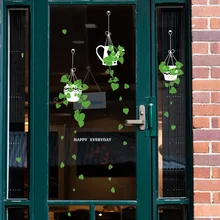 Bonsai Window Sticker Hanging Basket Potted Green Planting Shop Glass Doorswindows Stickers Coffee  Decorative Wall
