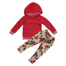 2 предмета, красная одежда для новорожденных топы с длинными рукавами и капюшоном+ длинные штаны с цветочным принтом, комплект одежды для детей, одежда для малышей