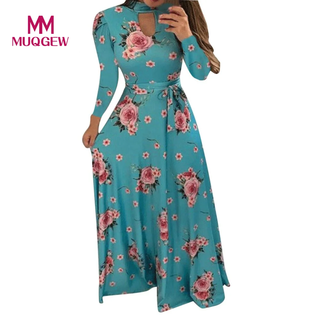 

Women's Long Sleeve Print O Neck Button Down Flowy Digital Swin Long Dresses Woman Party Night robe femme ete 2019 vestidos