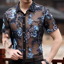 Мужская прозрачная рубашка с вышивкой, новинка, Сексуальная кружевная рубашка для мужчин, прозрачная сетчатая рубашка для клубной вечеринки, выпускного вечера, Chemise Homme 3xl