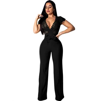 

New Elegant Lace Jumpsuit for Women V Neck Hollow Out Cap Sleeve Bow Wide Leg Pants Sexy Romper Night Club Female Body Overalls