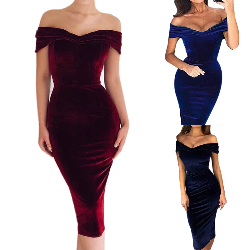 Women's Dress Woman Off Shoulder Velvet Party Cocktail Dresses Female Casual Sexy Elegant Dress Slim Bodycon Fashion Vestidos