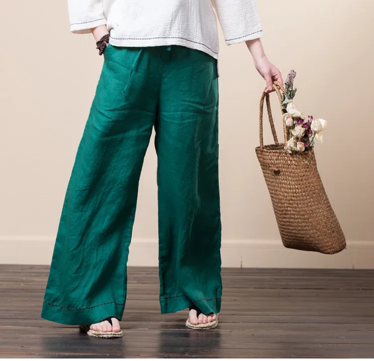 LZJN Women Culottes Wide Leg Pants 2019 Summer Long Trousers Elastic Waist Pockets Solid 5 Colors 100% Linen Pants Loose Bottoms (29)