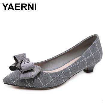 

YAERNI New Spring Grid Designer Fashion Party Shoes Women Low High Heels Pointedtoe Women's Pumps Ladies Brand Kitten Thin Heel
