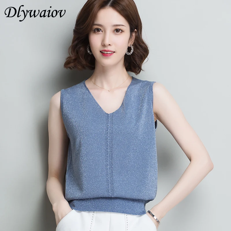 

Knit Vest Women Top V-neck Sleeveless Female Tops Lurex Knitted Casual 2019 Summer Camisole Fashion Solid Korean Femme Shirt