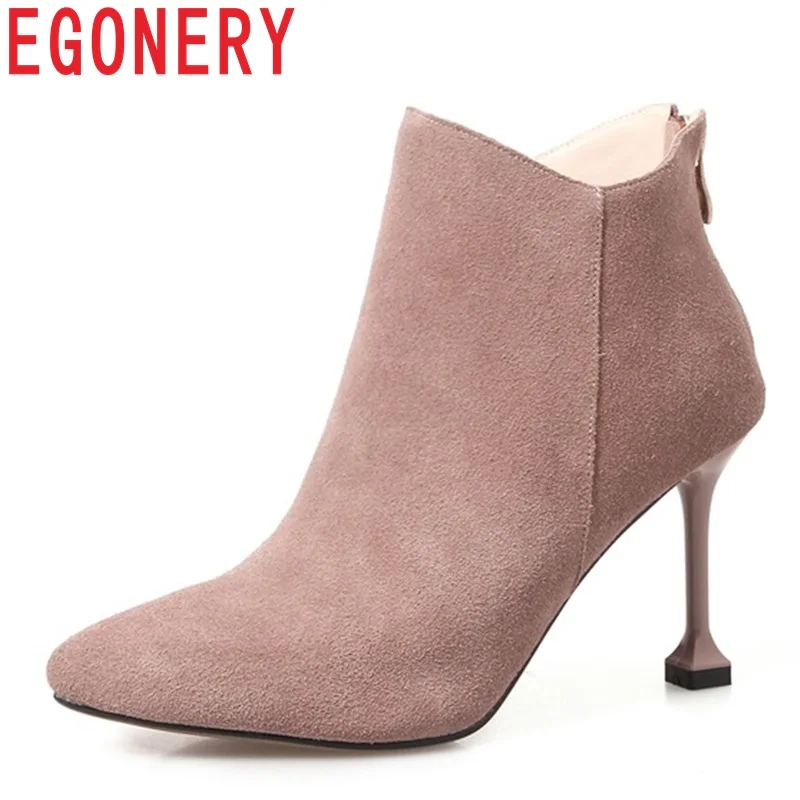 

EGONERY hot sale newest popular high thin heels pointed toe zipper black and pink large size outside winter warm ankle boots