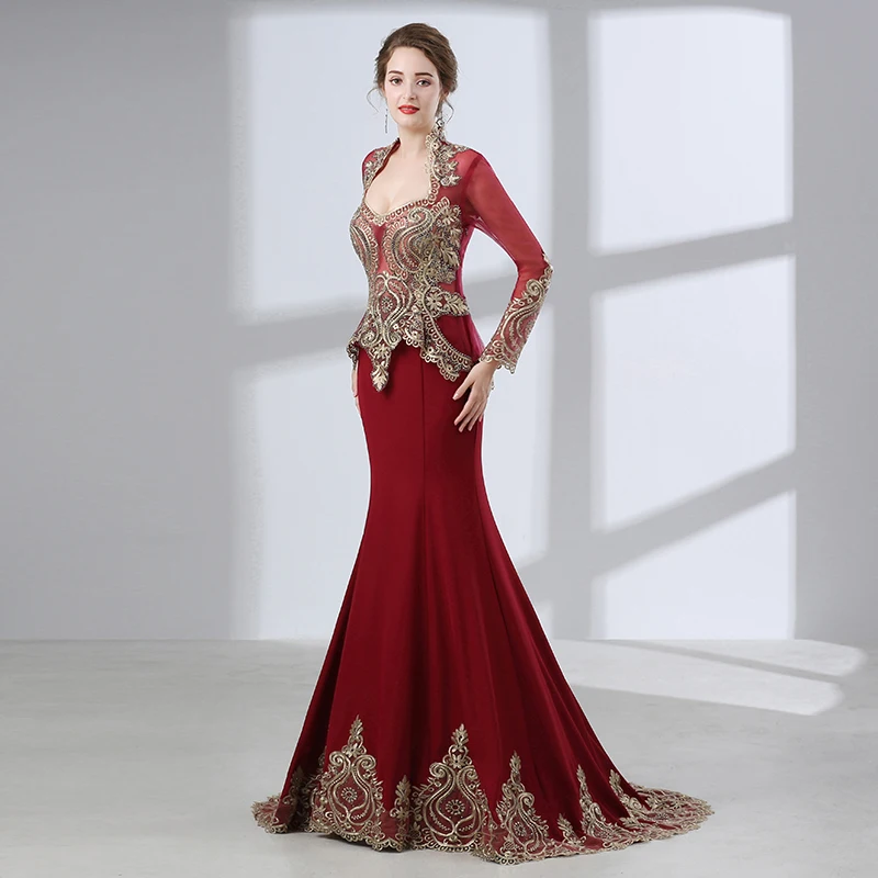 Burgundy Mermaid Evening Dresses Long 2019 Gold Embroidery Beading With Cape Long Sleeves Muslim Formal Party Evening Gown