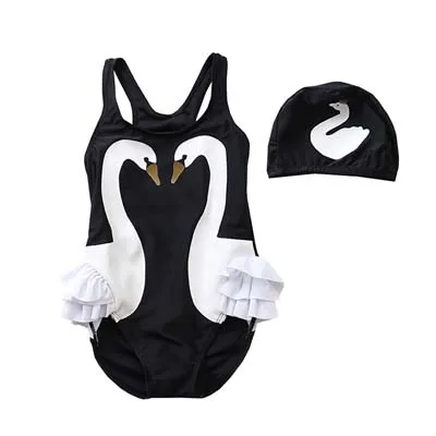 Black Flamingo Детские купальники для девочек Купальники+ шляпа комплект одна деталь купальник для детей ванный комплект малышей мультфильм печати одежда заплыва - Цвет: Black Flamingo