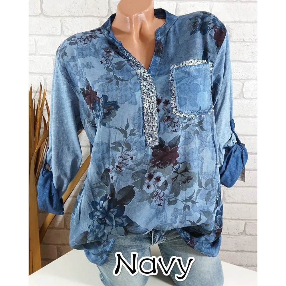 women fashion Long sleeve V-neck print casual shirt Vintage button top Tops