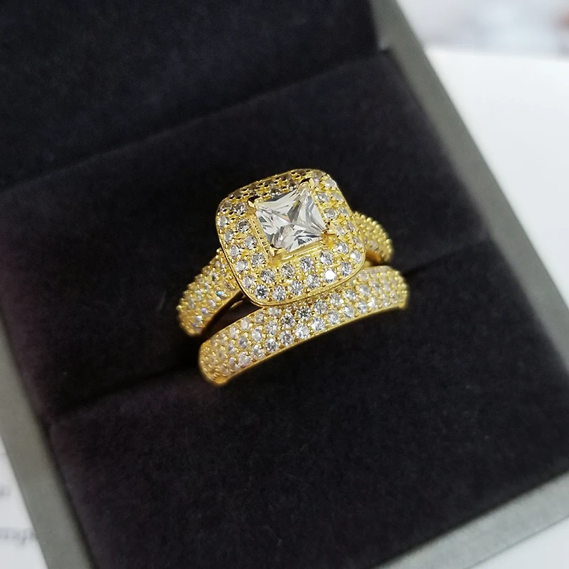 Роскошный золотой цвет, 925 пробы, серебряное кольцо, набор, для свадьбы, помолвки, мода для пар, пара, Женские Ювелирные изделия, R3400S-golden
