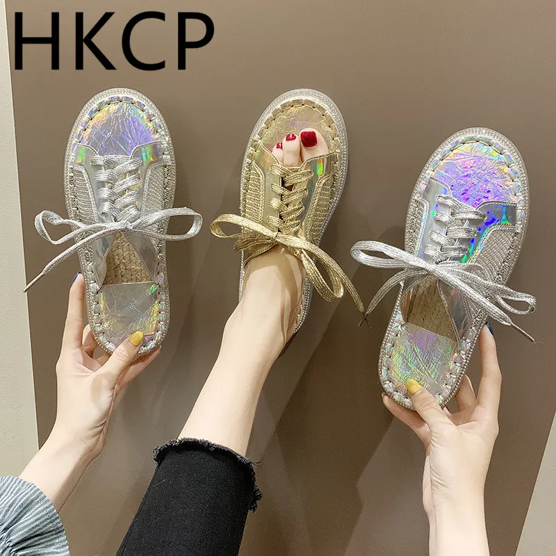 

HKCP Women wear slippers outside summer 2019 new linen sequins slippers flat casual lace-up straw woven fisherman's shoes C165
