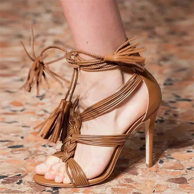 

Zapatillas Mujer Gold Summer Leather Gladiator Sandals Women High Heel Lace Up Tassel Stiletto Open Toe Classic Fringe Shoes