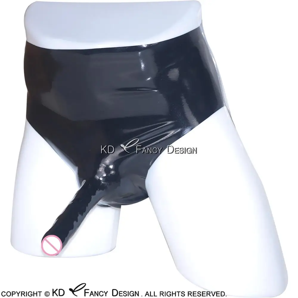 

Anatomical Black Latex Briefs With Condom Rubber Underwear Shorts DK-0043