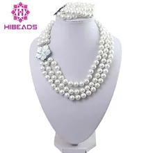Красивая 3 ряда Белый В виде ракушки Ожерелья с жемчужинами и Браслеты комплект ювелирных изделий SP013