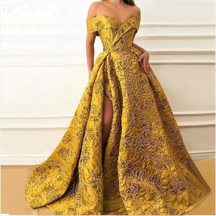 

Real Sample 14 Colors Cap Sleeve High Split Saudi Arabia Jacquard Wedding Party Embossing Lace Formal Gown Long Evening Dress