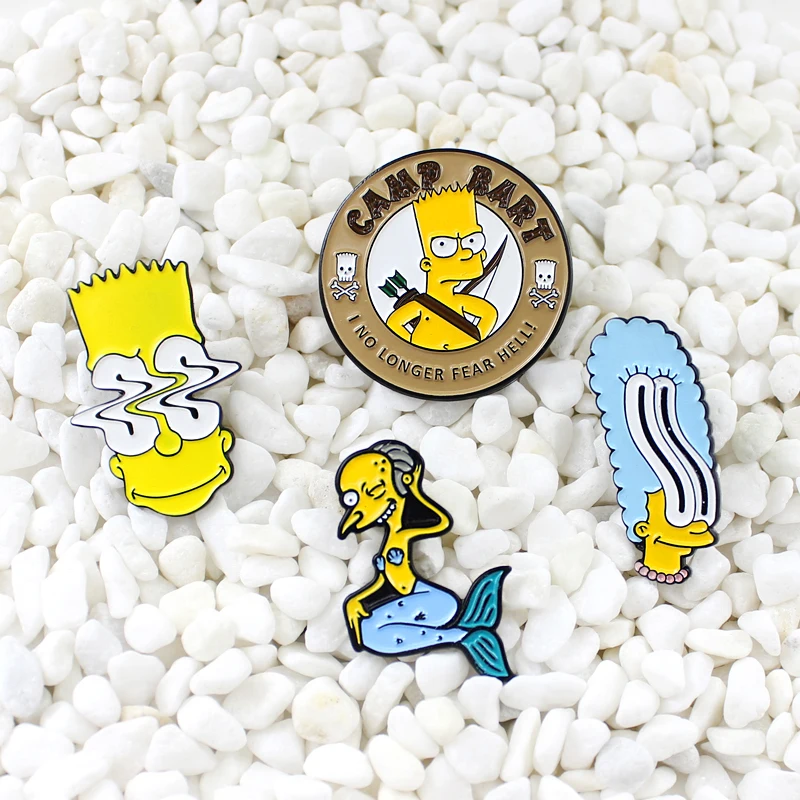 

Cartoon anime character Simpson series Distorted eyes Dressed up as a mermaid Metal brooch "CAMP BART" Creative funny badge