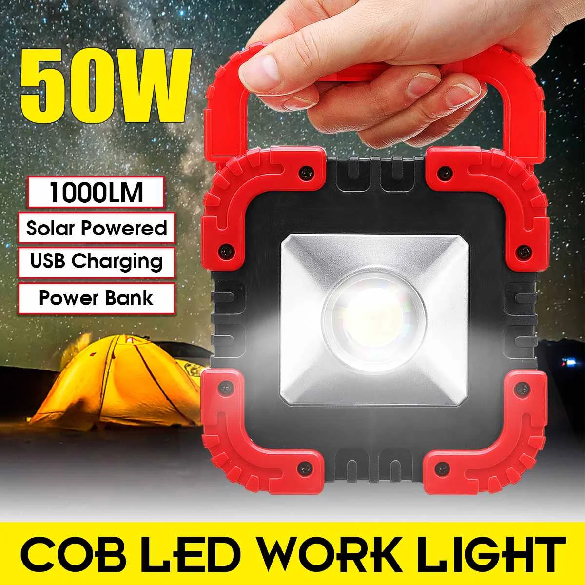 50W 1000LM LED COB Work Lamp Outdoor Camping Light USB Rechargeable Spotlight
