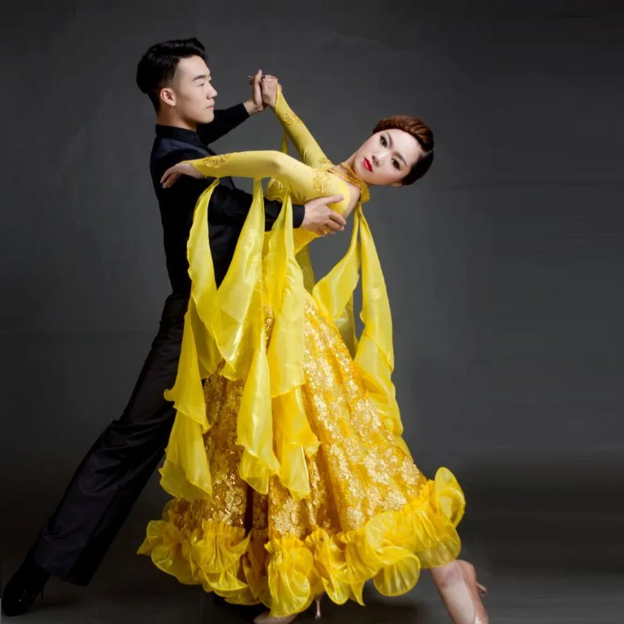 새로운 큰 스윙 장식 조각 표준 볼룸 댄스 드레스 사용자 정의 전문 긴 소매 탱고 왈츠 댄스 경쟁 의상