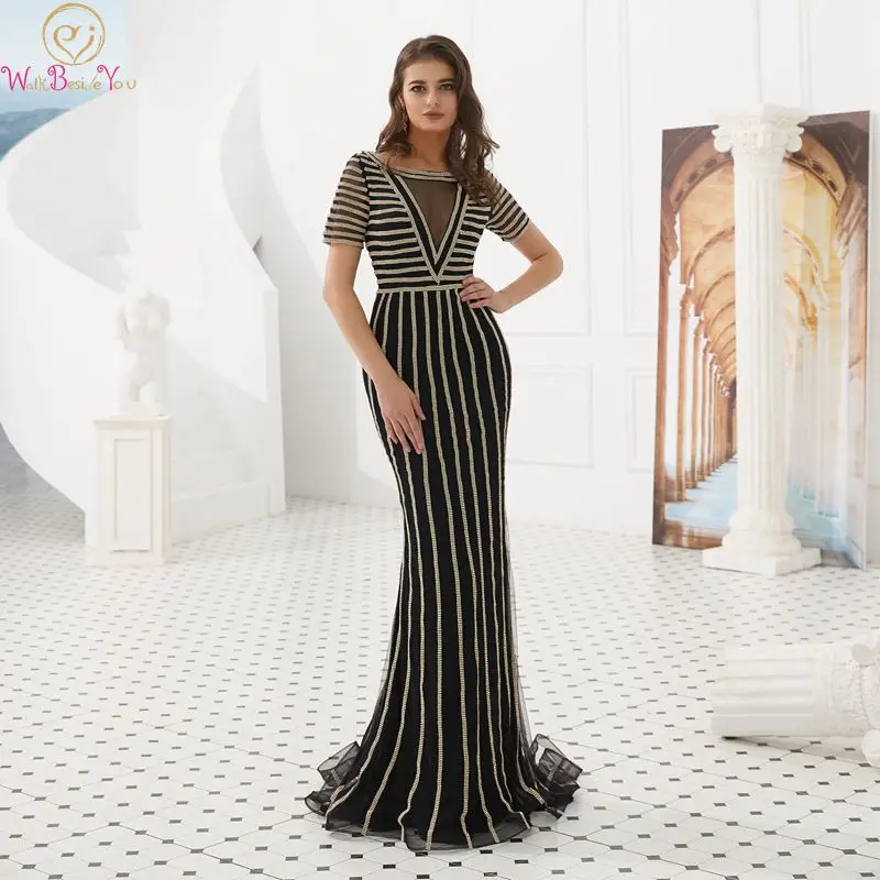 

Illusion Scoop Neck Black Champagne Red Evening Dress 2019 Mermaid Short Sleeve Formal Party Gowns Crystal Tulle robe soiree