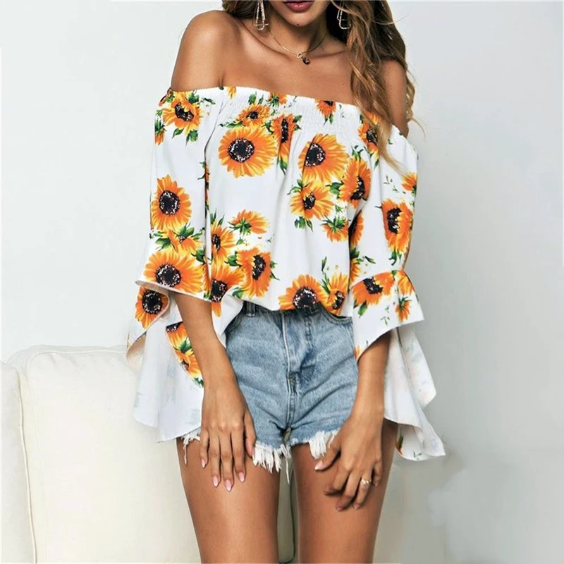 

Fashion Floral Womens Tops and Blouses Elegant Flower Print Off Shoulder Loose Blouse Ladies Strapless Party Club Streetwear