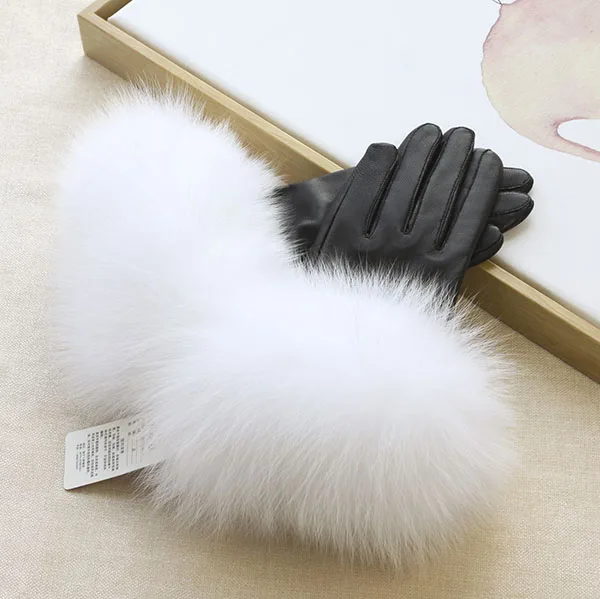 Модные новые женские зимние сексуальные перчатки из натуральной овечьей кожи с натуральным лисьим мехом, варежки YH92 - Цвет: Black white