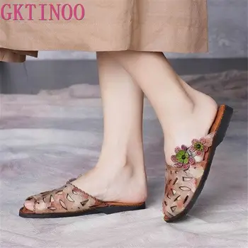 

GKTINOO 2020 Women's Shoes Genuine Leather Hollow Comfortable Flat Slippers Ladies Retro Handmade Flowers Design Causal Shoes