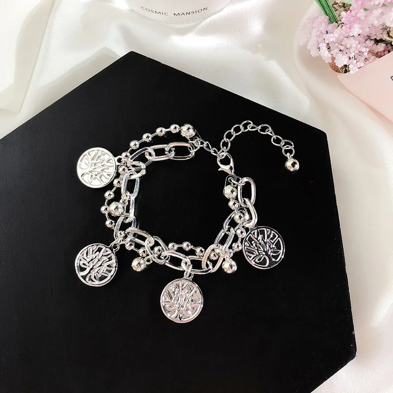 

Punk Double Carved Coins Bracelet Women Tree of Life Metal Sheet Tassel Pendant Multilayer Link Chain Bracelets Jewelry