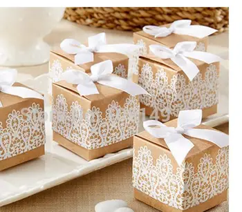 

100pcs/lot free shipping Vintage Kraft Paper Candy Box with white lace wedding candy box event party supplies gift box