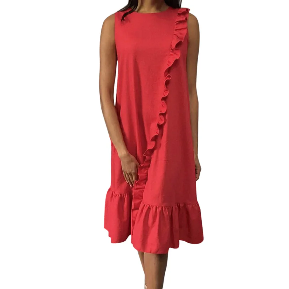 

New Arrival 2019 Summer Dresses Fashion Women Clothing Sleeveless Splice Ruffles Red Dress Casual Loose Mid-Calf Dress Vestidos