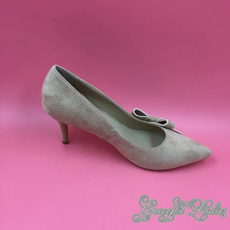Slip Réel Dames Pointu Picture Printemps sur Cuir Ol Pompe Suédé Bowknot Femmes Talon Jaune Photo Côté Chaussures Bas Bout Pompes Style p1xvgwWwqU