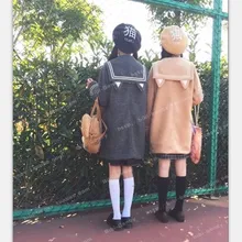 Японские милые девушки JK роговыми пуговицами Полушерстяное пальто кошачьи уши матросский воротник верхняя одежда зима толстый теплый серый и хаки