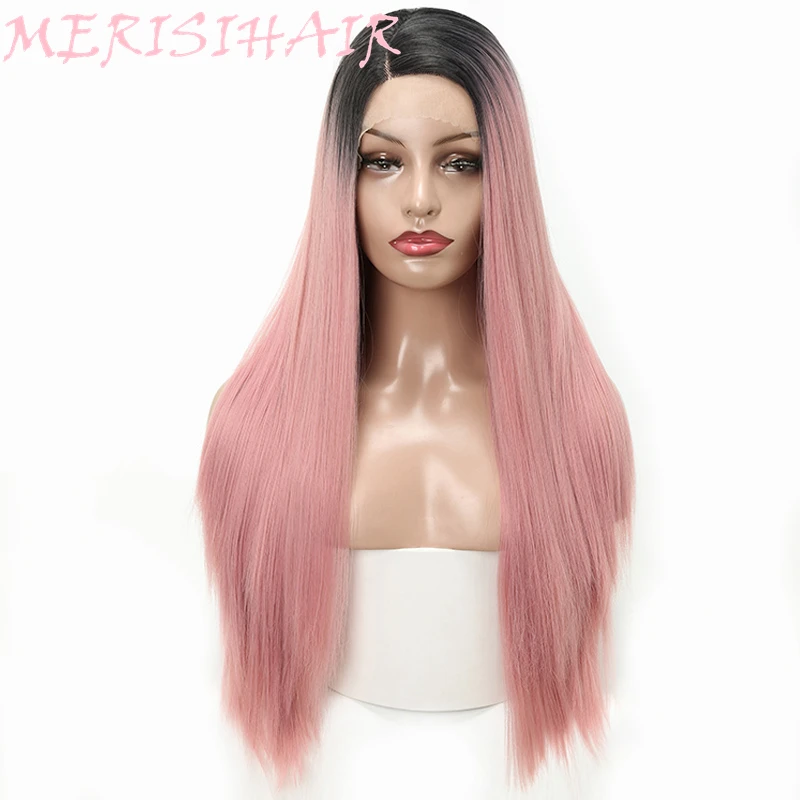 

MERISI HAIR Long Straight Hairstyle Pink Color Available Lace Frontal Wig For Women Synthetic Hair High Temperature Fiber