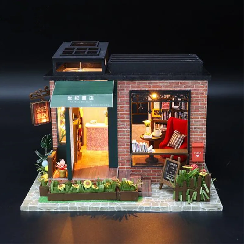 

1:24 Diy wooden dollhouse Miniature bookstore Miniatura house toys for children casa Christmas Gifts C008