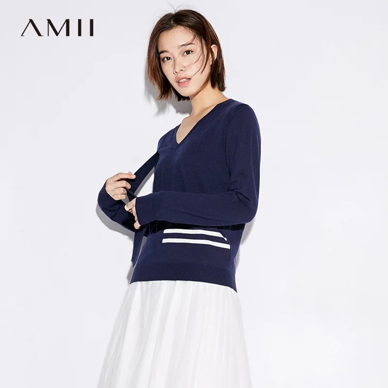 

Amii Minimalist Women Sweater 2019 Contrast Color V Neck Knitted Female Pullovers Sweaters
